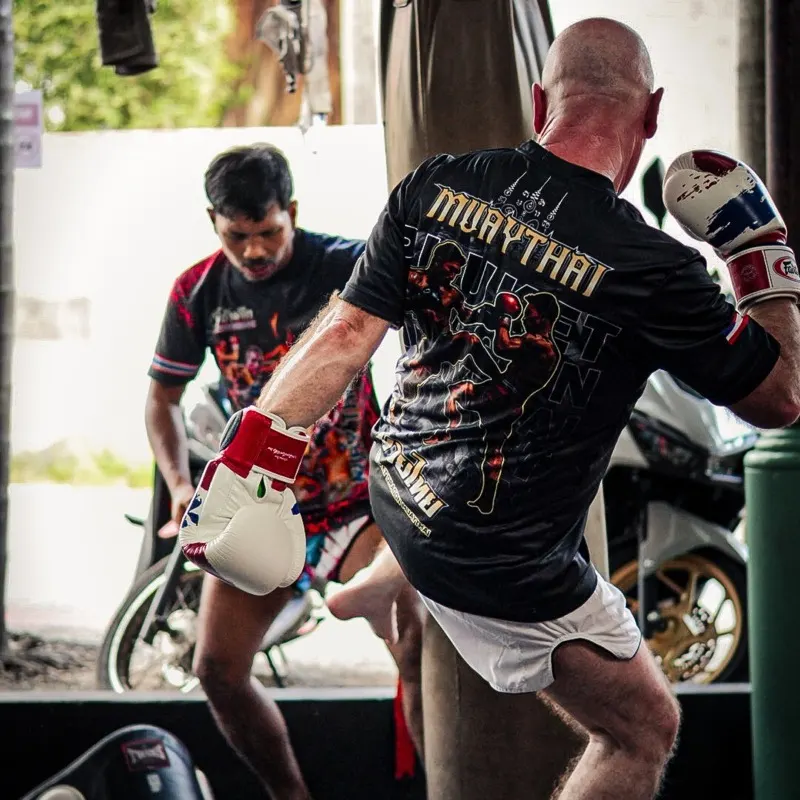 Bag work during a Muay Thai training session at Dragon Muay Thai in Phuket